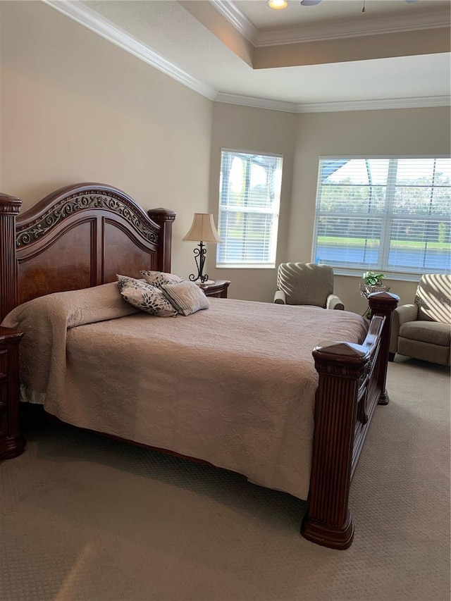 bedroom with crown molding, a tray ceiling, and carpet floors