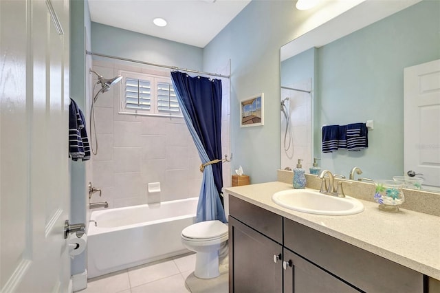 full bathroom featuring shower / bath combo, vanity, toilet, and tile patterned floors