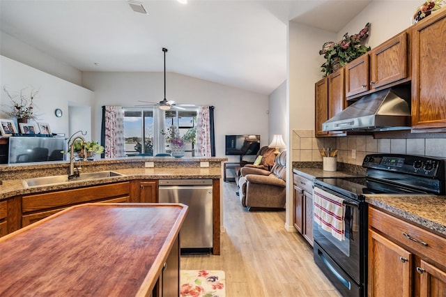 kitchen featuring light hardwood / wood-style floors, electric range, sink, backsplash, and stainless steel dishwasher