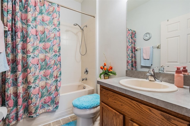 full bathroom featuring vanity, toilet, shower / bathtub combination with curtain, and tile patterned floors