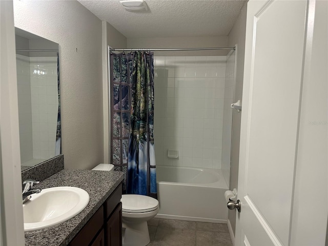 full bathroom with toilet, tile patterned floors, a textured ceiling, vanity, and shower / bath combination with curtain