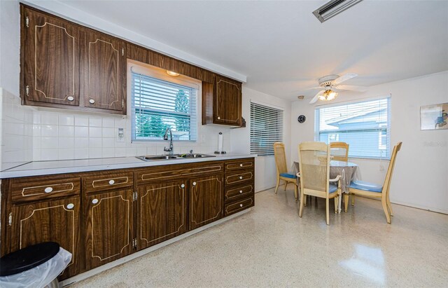 kitchen featuring dark brown cabinets, ceiling fan, sink, and a healthy amount of sunlight