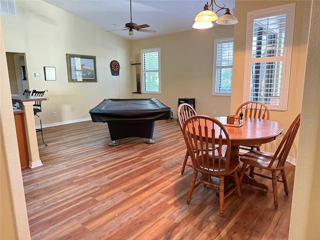 playroom featuring pool table, hardwood / wood-style floors, ceiling fan, and plenty of natural light