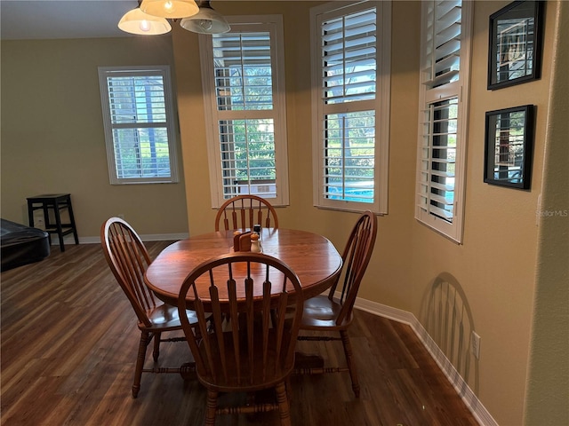 dining room featuring dark hardwood / wood-style floors and a healthy amount of sunlight