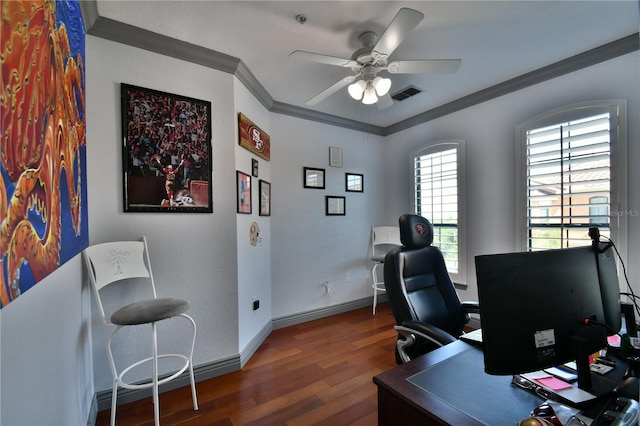 home office with crown molding, dark wood-type flooring, and ceiling fan