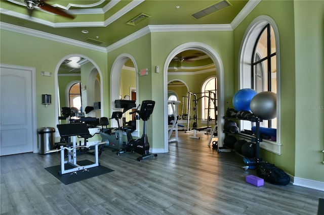 exercise room featuring a wealth of natural light, ornamental molding, hardwood / wood-style flooring, and ceiling fan