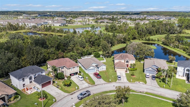 bird's eye view with a water view