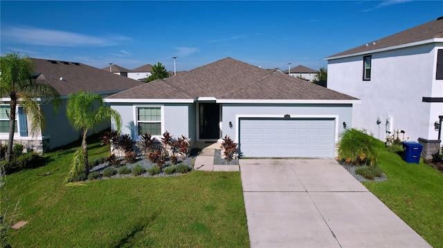 ranch-style home featuring a front yard and a garage