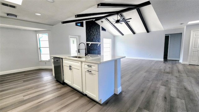 kitchen featuring white cabinetry, a kitchen island with sink, wood-type flooring, dishwasher, and sink