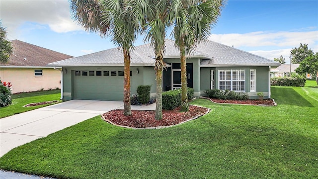 ranch-style home featuring a garage and a front yard