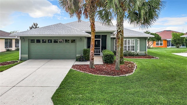 single story home with a front yard and a garage