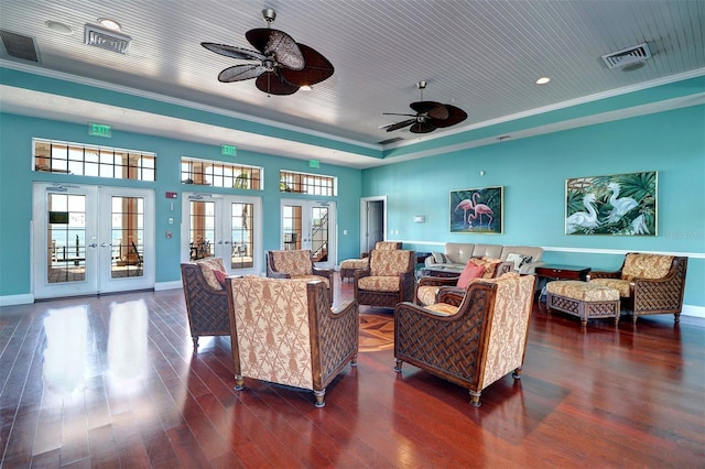 living room featuring french doors, ceiling fan, ornamental molding, and dark hardwood / wood-style floors