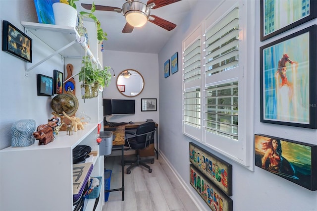 office space featuring ceiling fan and light hardwood / wood-style flooring