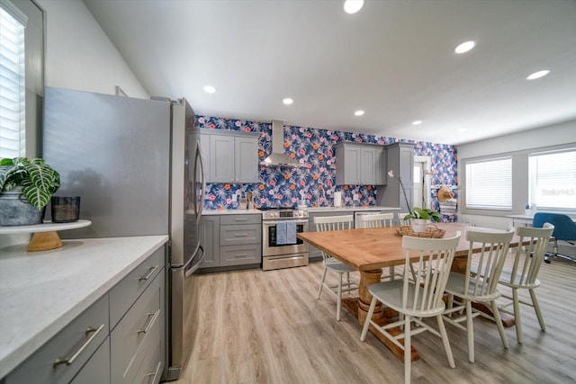 kitchen featuring wall chimney exhaust hood, gray cabinetry, light hardwood / wood-style flooring, backsplash, and appliances with stainless steel finishes