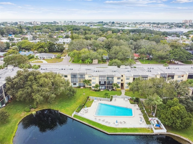 drone / aerial view featuring a water view