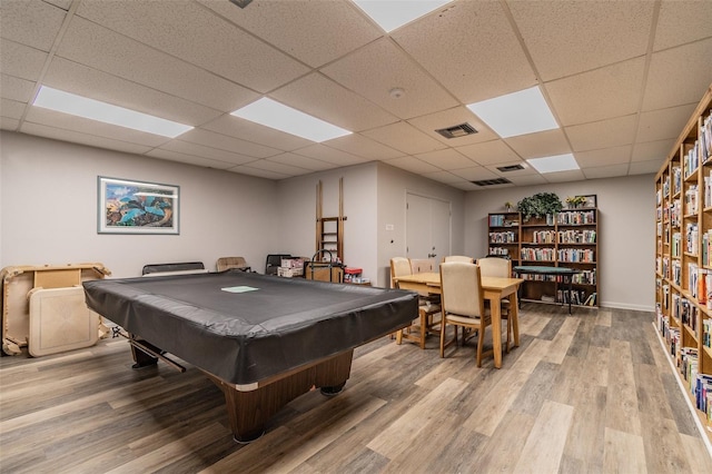 playroom featuring a paneled ceiling, hardwood / wood-style flooring, and pool table