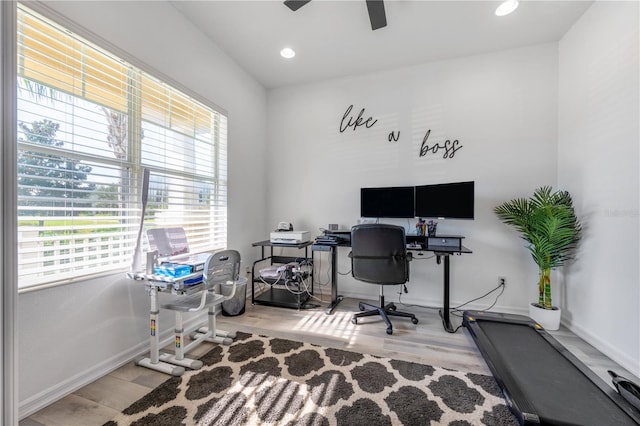 office space with a wealth of natural light, light hardwood / wood-style floors, and ceiling fan