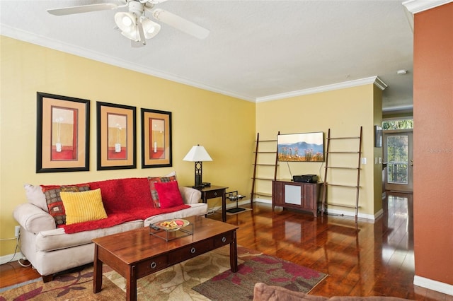 living room with crown molding, ceiling fan, and dark hardwood / wood-style floors