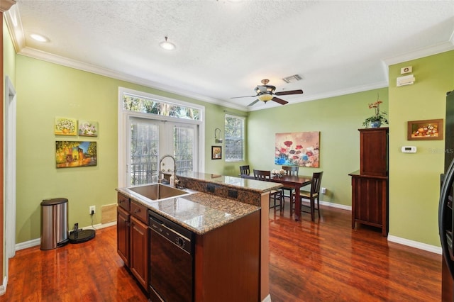 kitchen featuring sink, a kitchen island with sink, black dishwasher, light stone countertops, and french doors