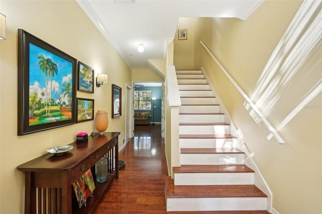 stairs featuring crown molding and wood-type flooring