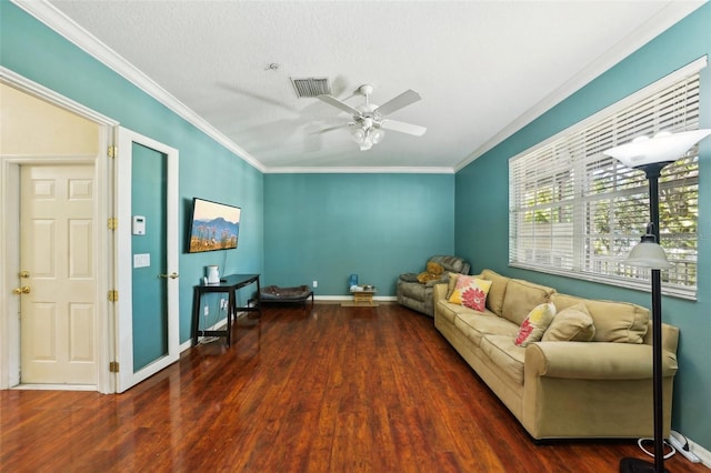 living room featuring crown molding, a textured ceiling, ceiling fan, and dark hardwood / wood-style flooring