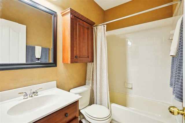 full bathroom featuring shower / bath combination with curtain, vanity, and toilet