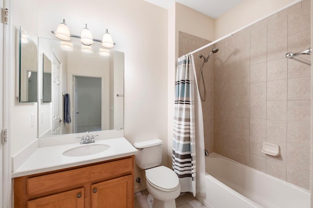 full bathroom featuring shower / bath combo, vanity, tile patterned flooring, and toilet