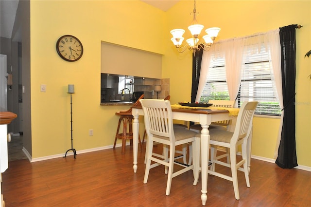 dining room featuring an inviting chandelier, dark hardwood / wood-style flooring, and sink