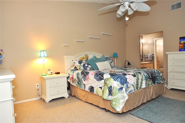 bedroom with light carpet and ceiling fan