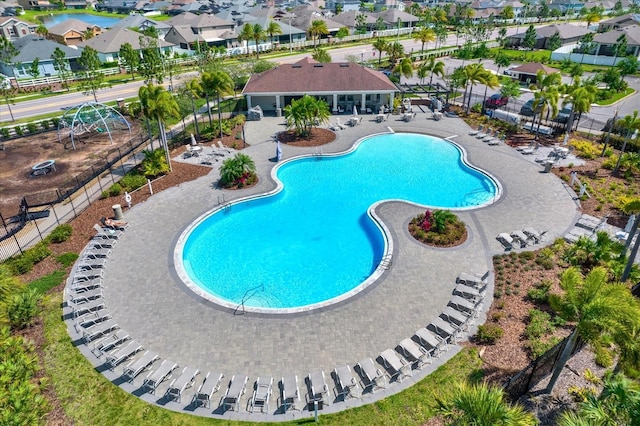 view of swimming pool featuring a patio area