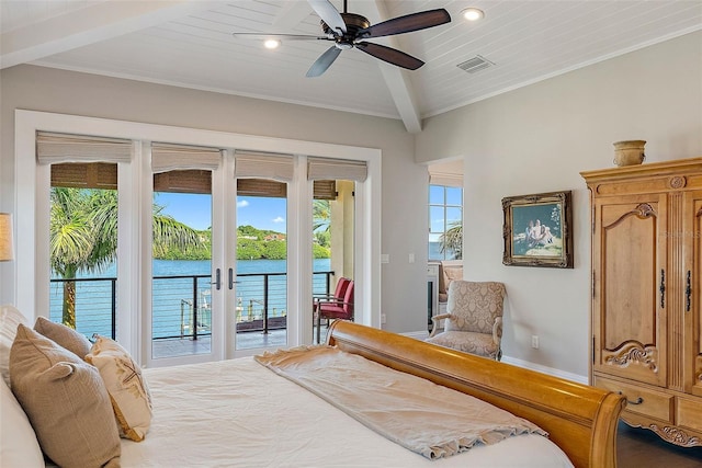 bedroom with wood ceiling, beamed ceiling, access to outside, a water view, and ceiling fan