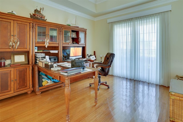 home office with crown molding and light hardwood / wood-style flooring