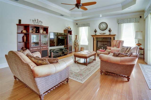 living room featuring light hardwood / wood-style flooring, ornamental molding, and a raised ceiling