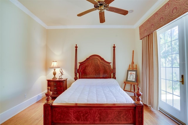 bedroom featuring crown molding, access to outside, light hardwood / wood-style floors, and ceiling fan