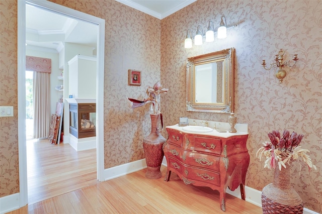 bathroom featuring crown molding, hardwood / wood-style floors, and vanity