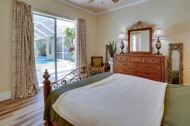 bedroom with ornamental molding, access to outside, light hardwood / wood-style floors, and ceiling fan