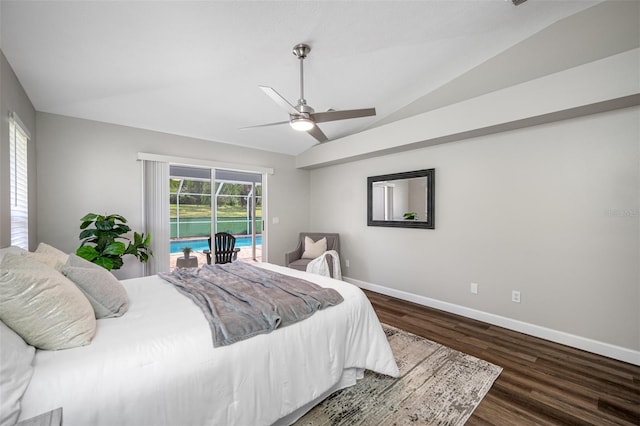 bedroom featuring vaulted ceiling, access to exterior, dark hardwood / wood-style floors, and ceiling fan