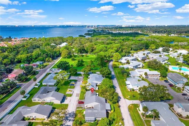 drone / aerial view featuring a water view