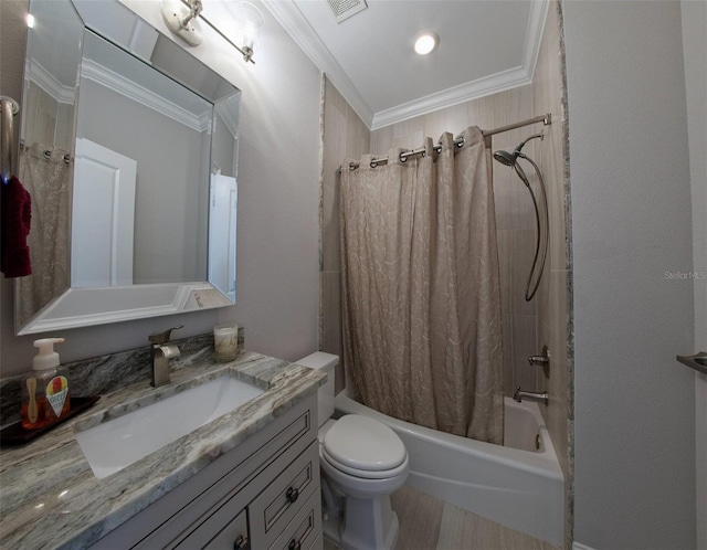 full bathroom with vanity, crown molding, toilet, and shower / bathtub combination with curtain