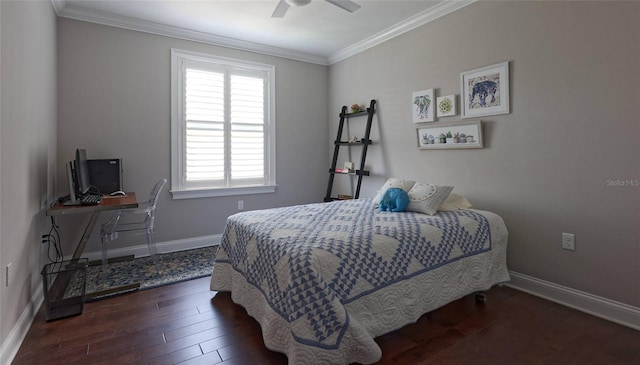 bedroom featuring crown molding, dark wood-type flooring, and ceiling fan