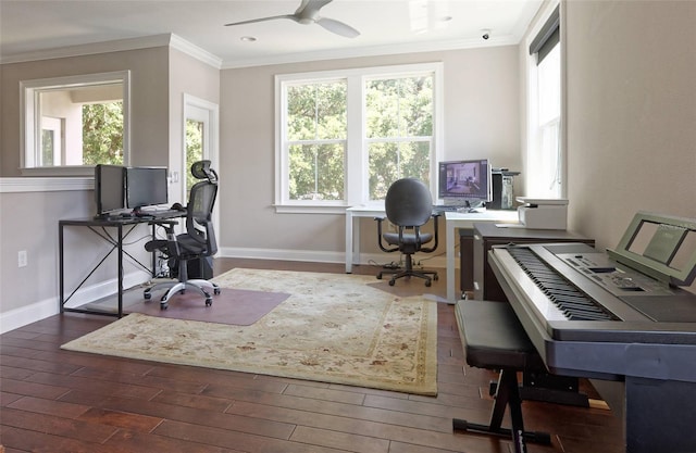 office area with crown molding, dark hardwood / wood-style floors, and ceiling fan