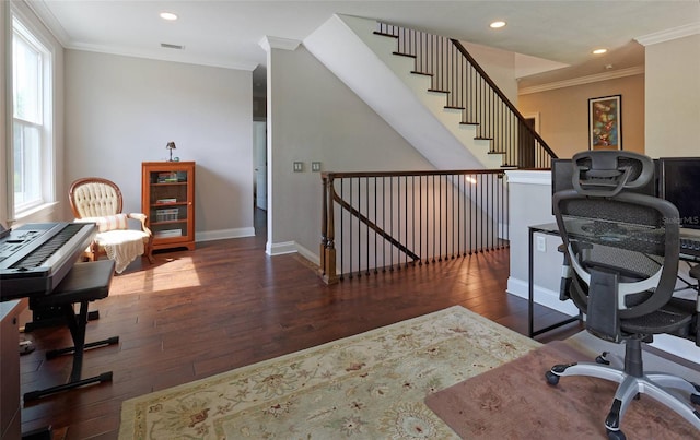 office area featuring ornamental molding and dark hardwood / wood-style flooring