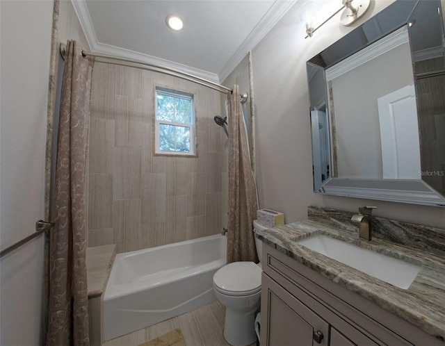 full bathroom featuring ornamental molding, shower / bath combo, vanity, and toilet