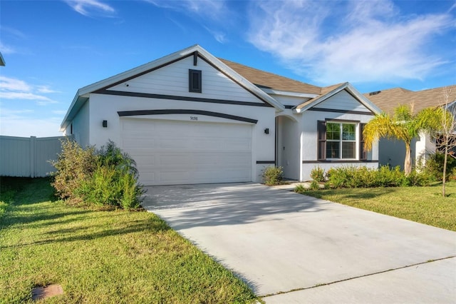 single story home with a garage and a front yard