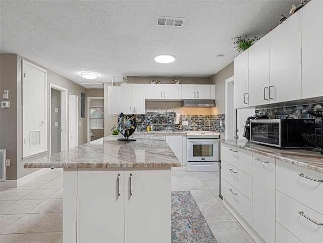 kitchen featuring stainless steel microwave, electric range, under cabinet range hood, visible vents, and decorative backsplash