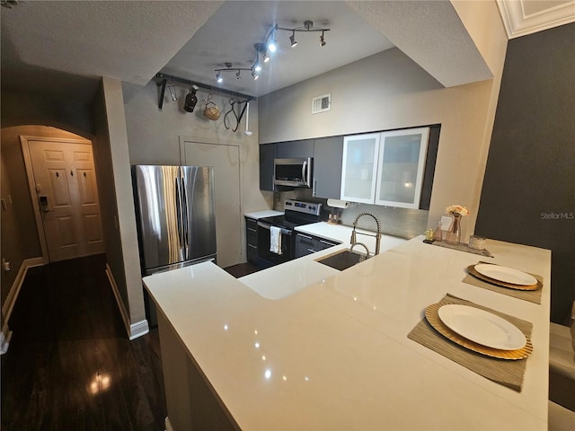 kitchen with sink, dark hardwood / wood-style flooring, kitchen peninsula, a textured ceiling, and appliances with stainless steel finishes