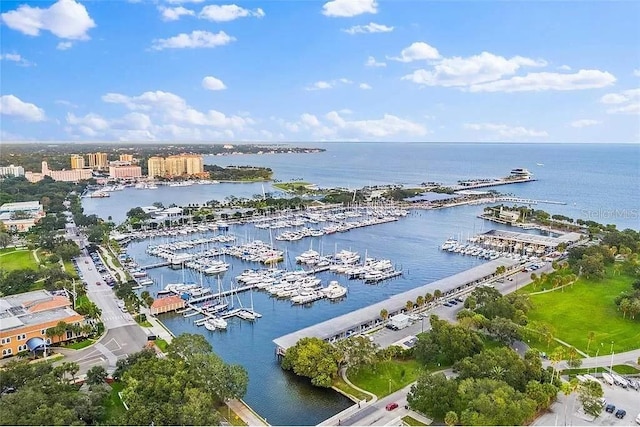 aerial view featuring a water view