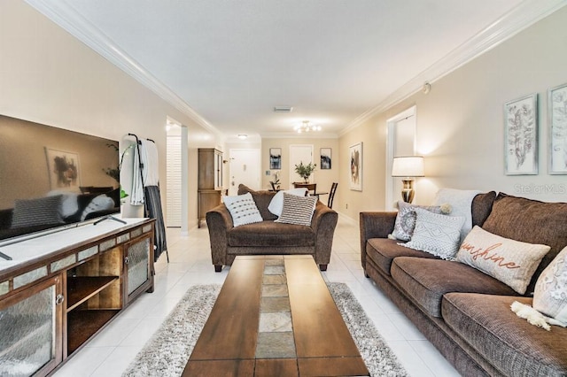 living room with ornamental molding and light tile patterned flooring