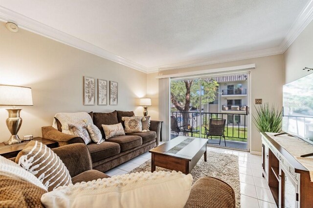 tiled living room with ornamental molding