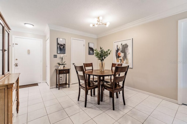 tiled dining area with an inviting chandelier, crown molding, and a textured ceiling